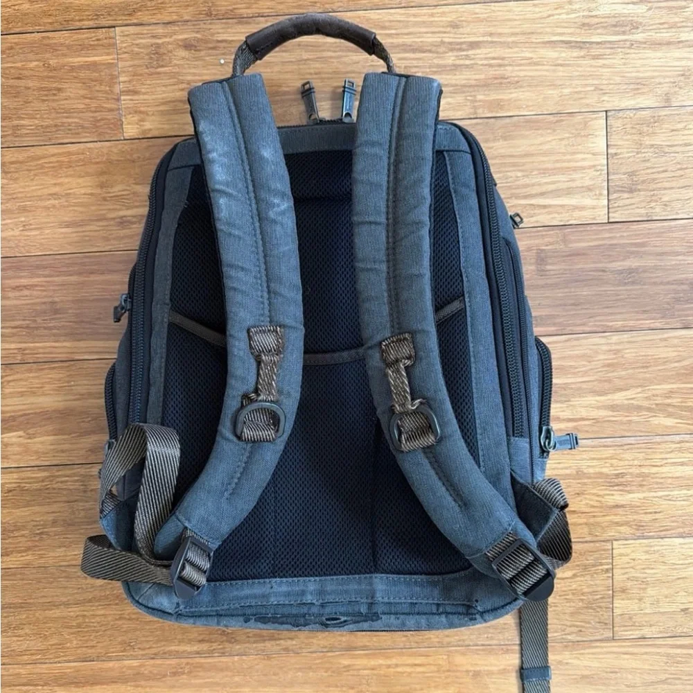 Tumi Gray Black Canvas Backpack with Leather Trim